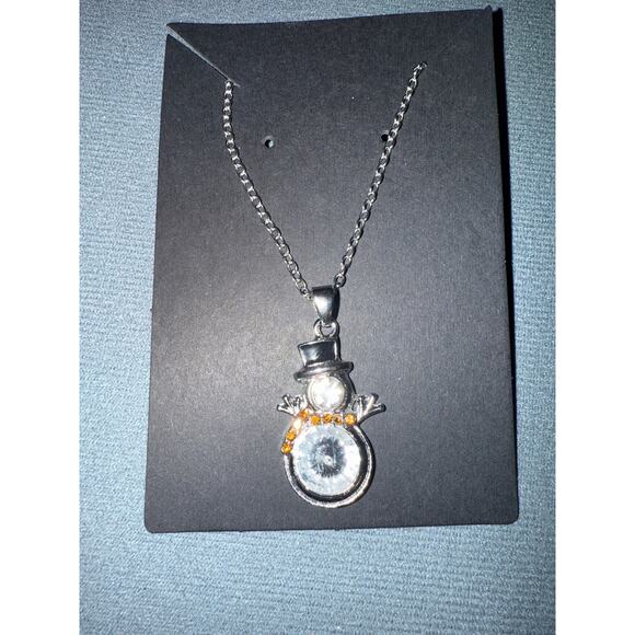 NWT Silvertone Snowman pendant necklace with large white stone, rhinestone scarf - Picture 1 of 6
